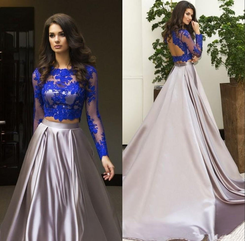Shop lastest Two Piece Formal Dress Long Sleeves Lace Evening Dress with free custom made service. Try elegant two pieces prom dress,  formal gowns,  two piece evening dress,  and lace Prom Party Gowns on sale.