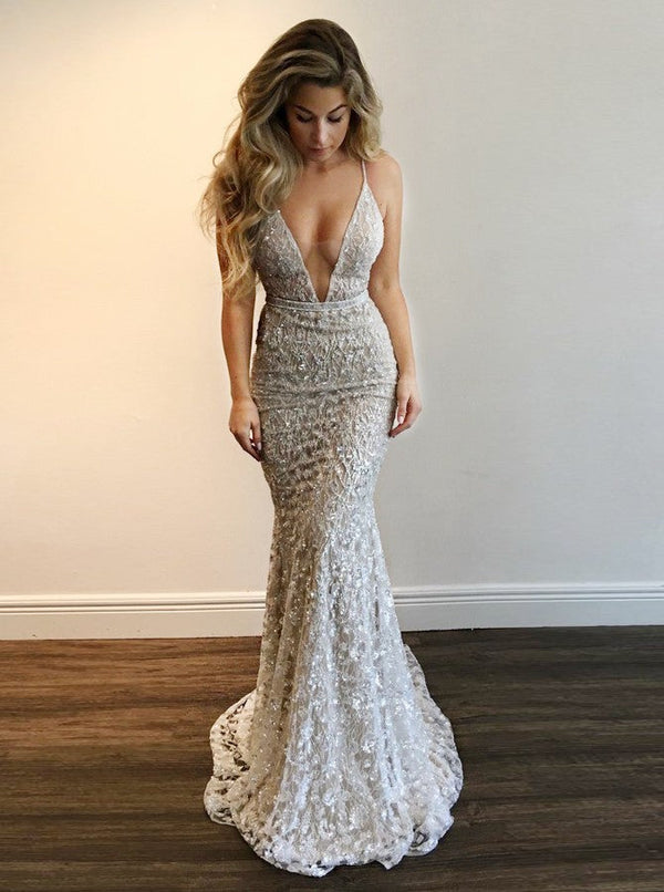 Ballbella custom made Gorgeous V-Neck Prom Party Gowns| New Arrival Lace Mermaid Evening Gowns. Free shipping,  high quality,  fast delivery,  made to order dress. Discount price. Affordable price. Ballbella.