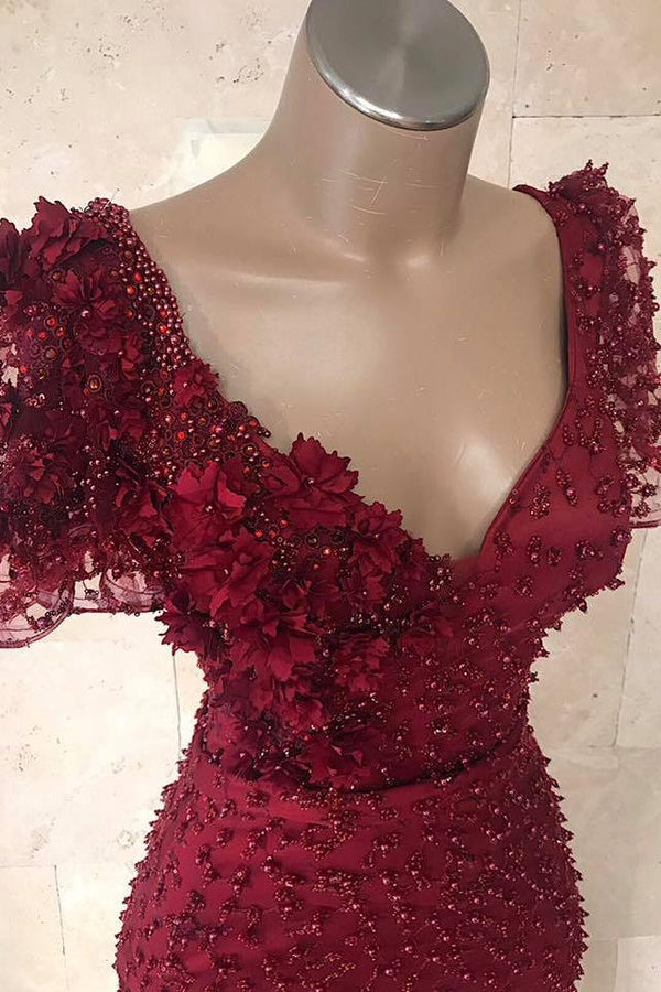 Gorgeous V-Neck Short Sleeves Beading Flower Mermaid Floor-Length Prom Dresses-Ballbella
