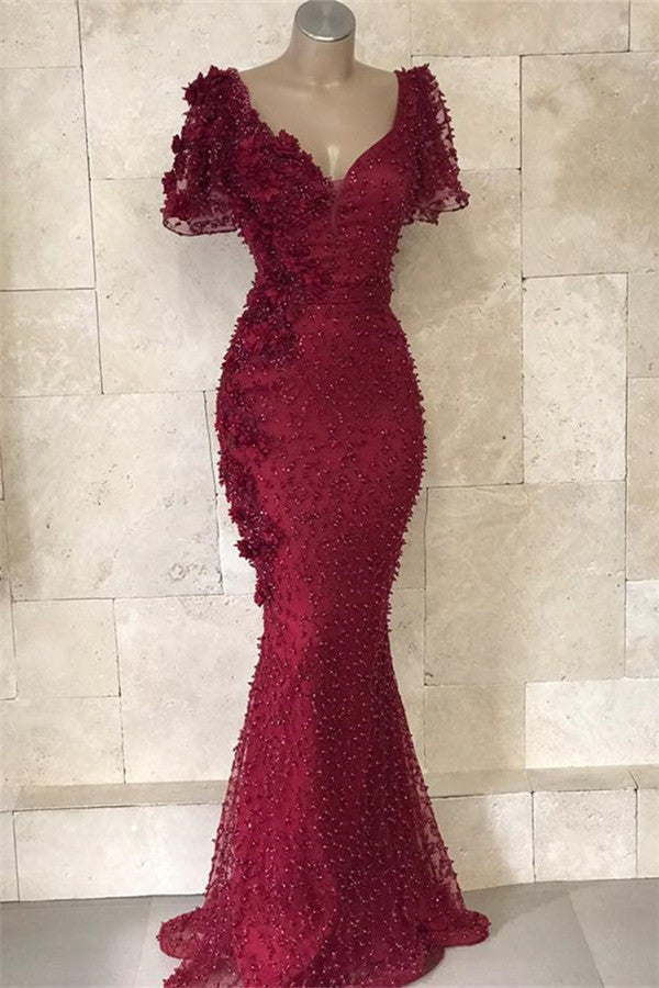 Gorgeous V-Neck Short Sleeves Beading Flower Mermaid Floor-Length Prom Dresses-Ballbella