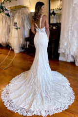 Gorgeous V-Neck Sleeveless Straps Mermaid Wedding Dresses High Slit With Appliques Lace-Ballbella