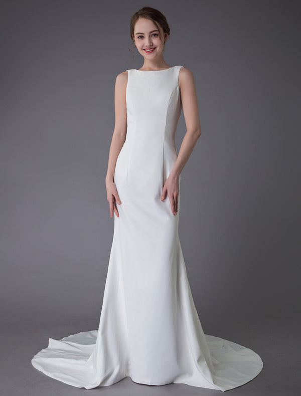 Gorgeous Wedding Dresses Ivory Sheath Simple Bridal Dress Cowl Back Beach Wedding Gowns With Train-Ballbella