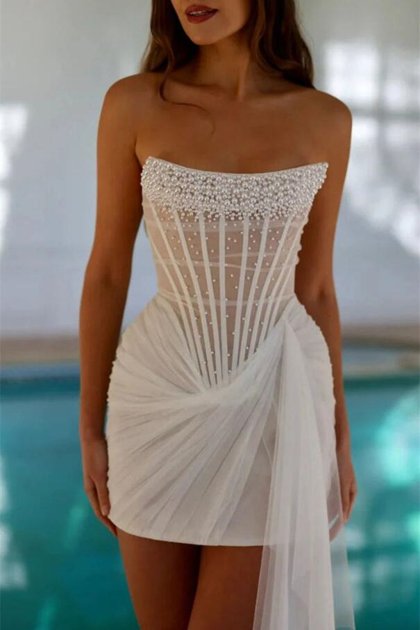white strapless grad dress Gorgeous Tulle Homecoming Dresses Sleeveless Prom Mini Pleats With Pearls Jovani 22770 Prom Dress with its strapless design LowStock:43701980921907 Color:Cognac Gingham