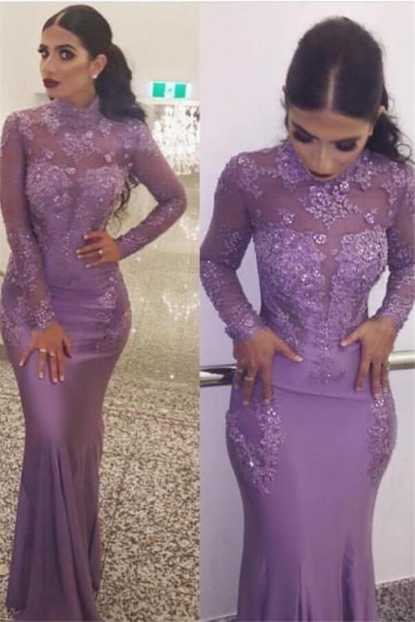 Gorgeous Wholesale High Neck Elegant Long Sleevess Evening Dresses Fit and Flare Appliques Prom Dresses-Ballbella