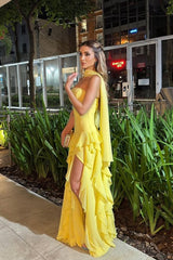 Gorgeous Yellow Strapless Sleeveless Chiffon Prom Dresses Ruffles Sheath With High Slit-Ballbella
