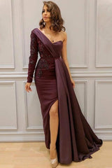 Graceful Asymmetric Splicing One Shoulder Appliques Spandex Satin Party Dresses Floor Length Open Back Evening Gowns With Waist Band-Ballbella