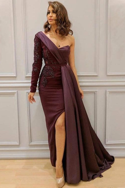 Graceful Asymmetric Splicing One Shoulder Appliques Spandex Satin Party Dresses Floor Length Open Back Evening Gowns with Waist Band