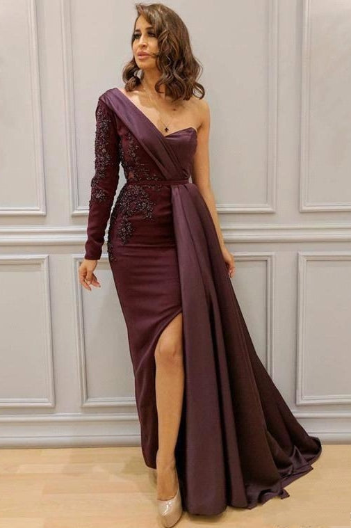 Graceful Asymmetric Splicing One Shoulder Appliques Spandex Satin Party Dresses Floor Length Open Back Evening Gowns With Waist Band-Ballbella