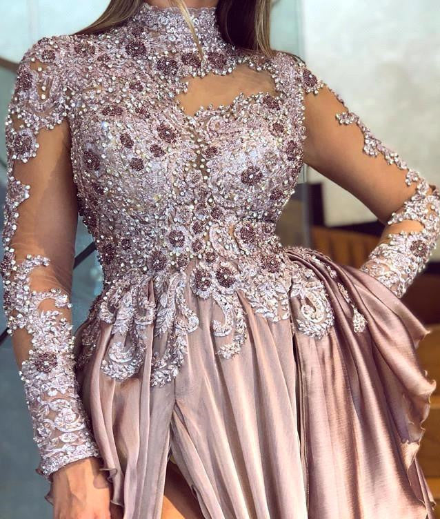 Ballbella offers Graceful High Neck Lace Appliques Prom Dresses With Split See Through Evening Gowns at cheap prices from Elastic Silk-like Satin, Lace to A-line Floor-length. They are Gorgeous yet affordable Long Sleevess Prom Dresses. You will become the most shining star with the dress on.