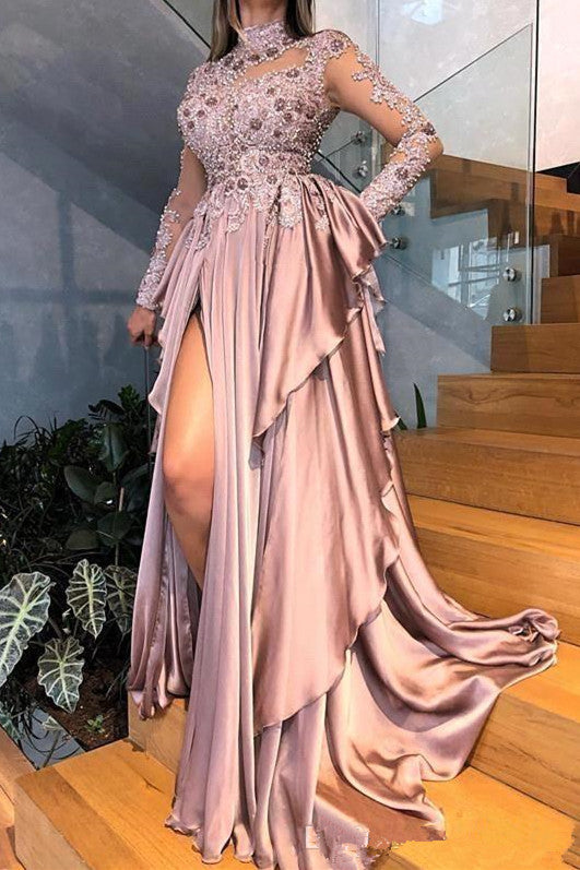 Graceful High Neck Lace Appliques Prom Dresses With Split See Through Evening Gowns-Ballbella