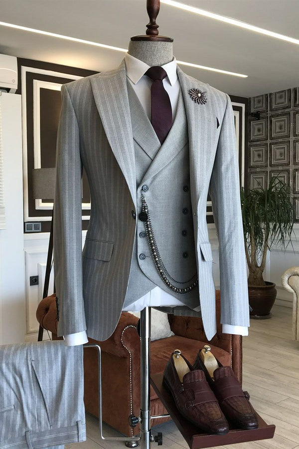Gray 3-pieces Striped Peaked Lapel Men Suits For Business-Ballbella