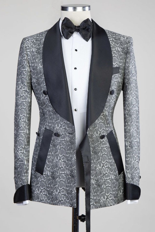 Gray Double Breasted Jacquard Wedding Men Suits with Black Lapel Ballbella