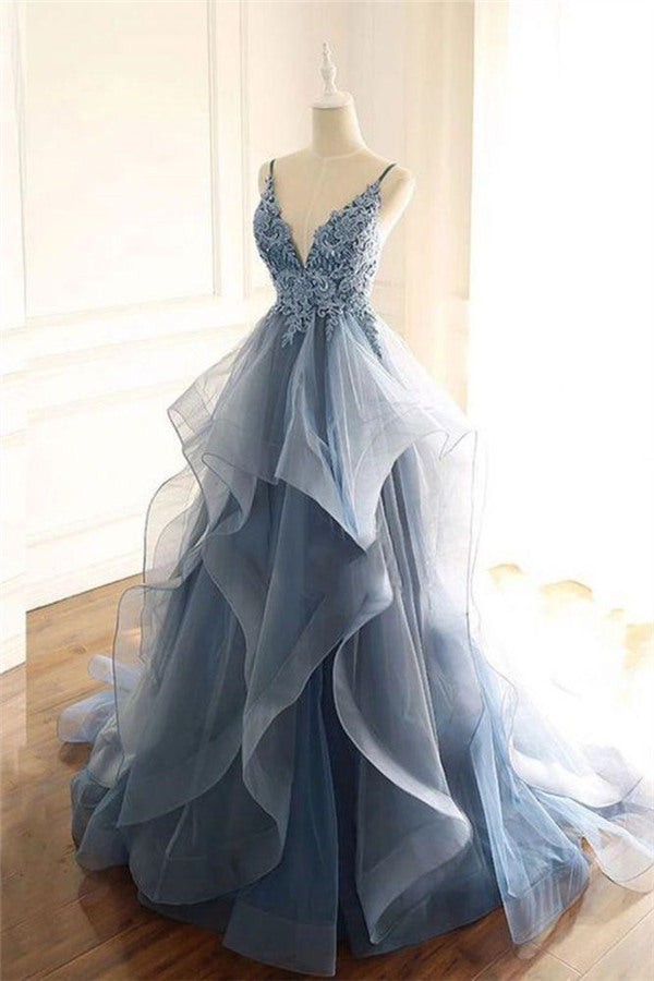 Gray Evening Dresses Tulle V-neck Ruffles Long Spaghetti Lace Beading Prom Party Gowns-Ballbella