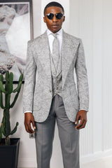 Gray Jacquard Peaked Lapel 3-Piece Prom Suit-Ballbella