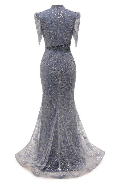 Gray Mermaid Sparkle Half Sleeves V-neck High neck Evening Dresses Gray Mermaid Sparkle Half Sleeves V-neck High neck Evening Dresses