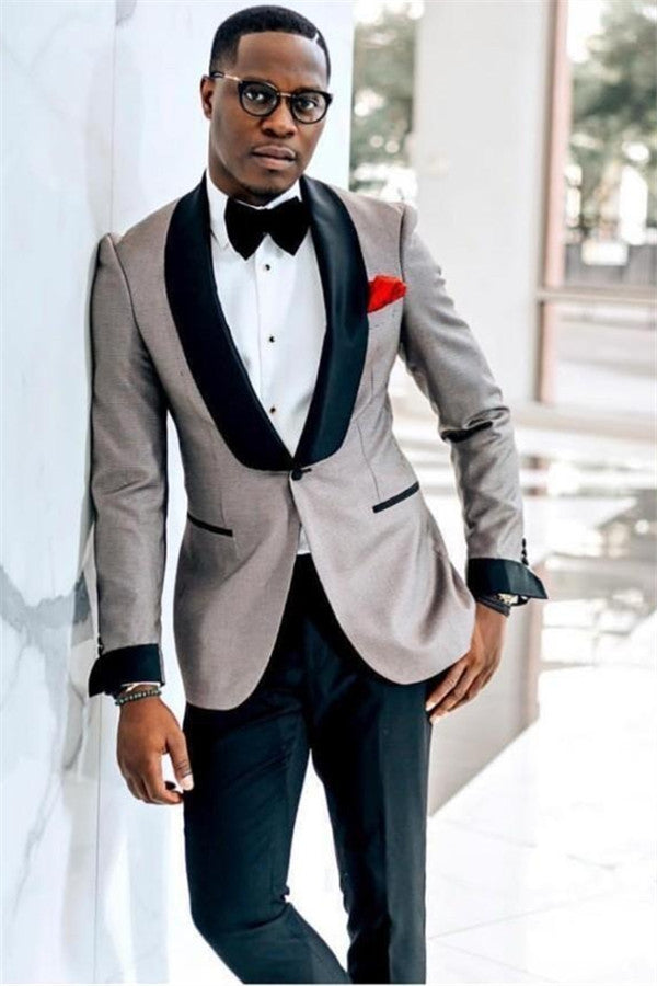 Gray One Button Wedding Groom Mens Suit with Black Lapel-Ballbella