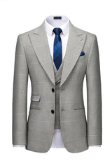 Gray Plaid Designer Peaked Lapel Slim Fit Men Suit for Prom