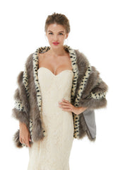 Gray Stripe Faux Fur Black and White Wedding Shawl For Bride-Ballbella