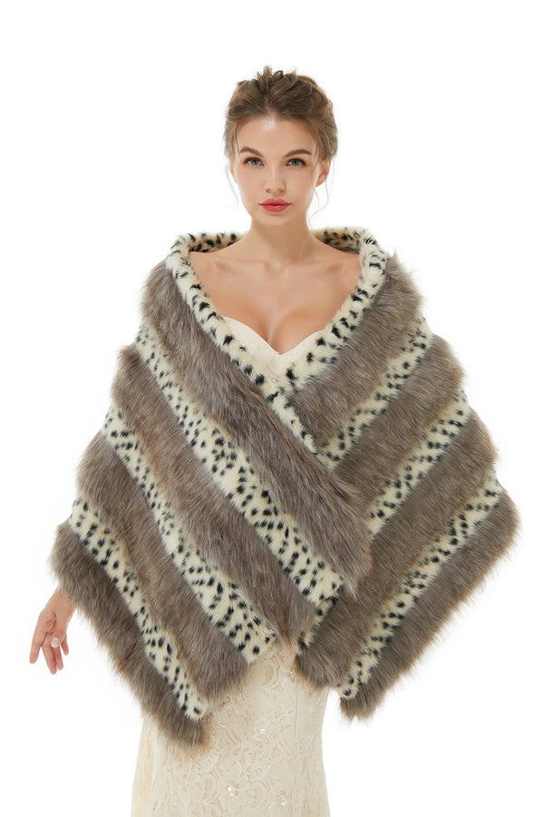 Gray Stripe Faux Fur Black and White Wedding Shawl For Bride-Ballbella