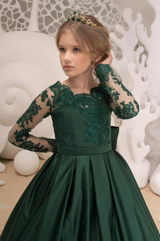 Green Jewel Lace Backless Bowtie Long Sleeves Floor Length Girl Party Flower Girl Dresses-Ballbella