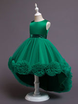 Green Jewel Neck Sleeveless Bows Tulle Cotton Sequined Kids Party Dresses-Ballbella
