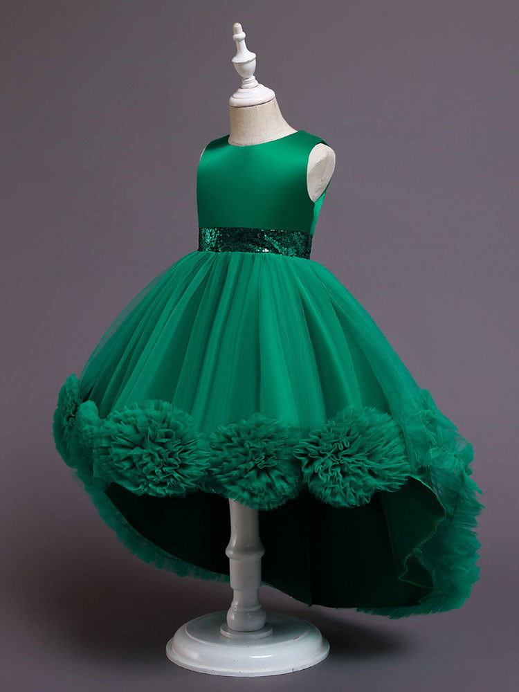 Green Jewel Neck Sleeveless Bows Tulle Cotton Sequined Kids Party Dresses-Ballbella