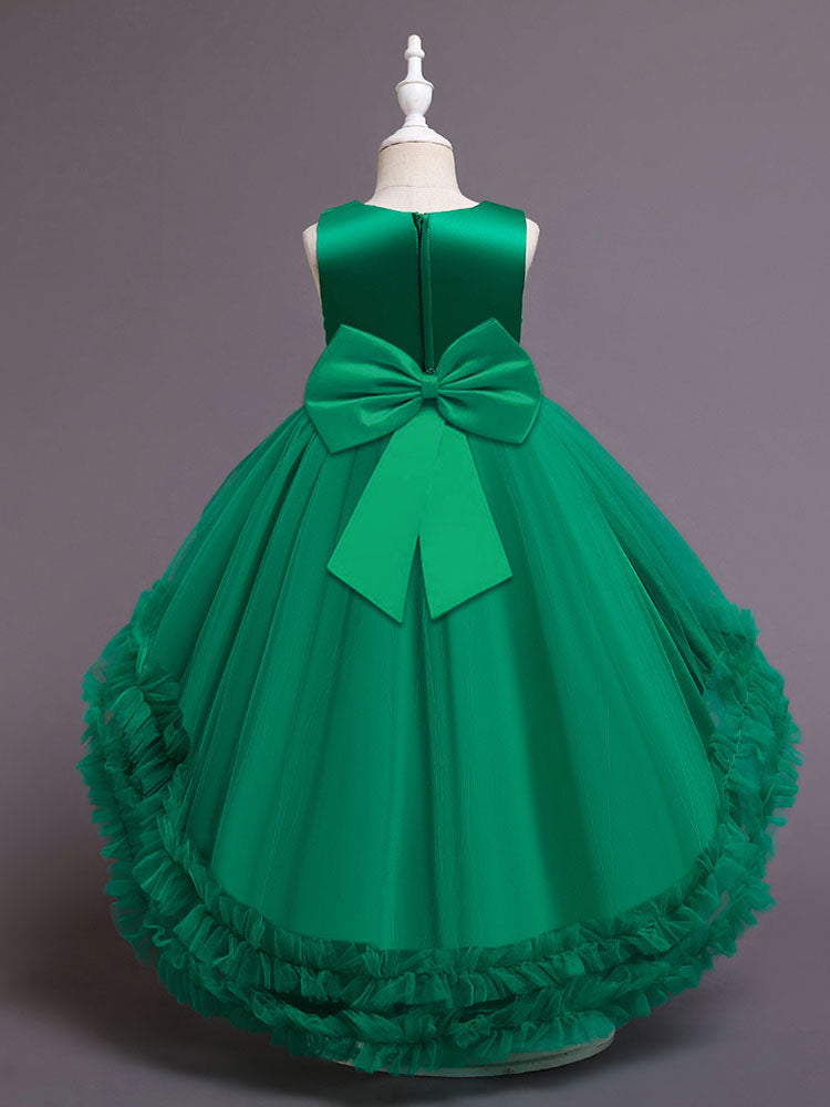 Green Jewel Neck Sleeveless Bows Tulle Cotton Sequined Kids Party Dresses-Ballbella
