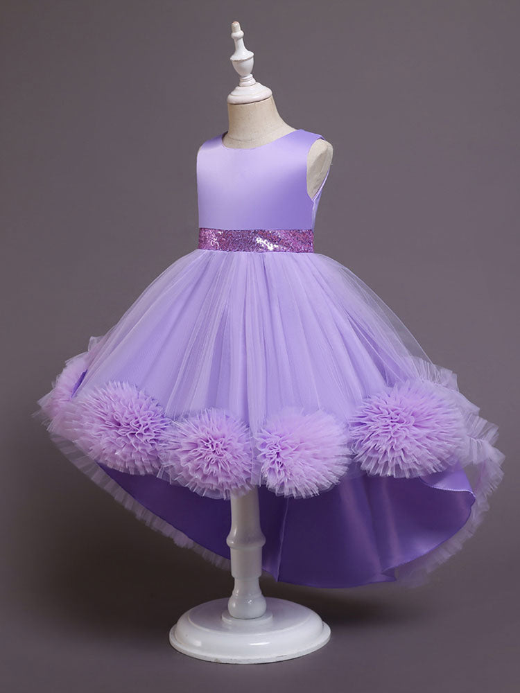 Green Jewel Neck Sleeveless Bows Tulle Cotton Sequined Kids Party Dresses-Ballbella