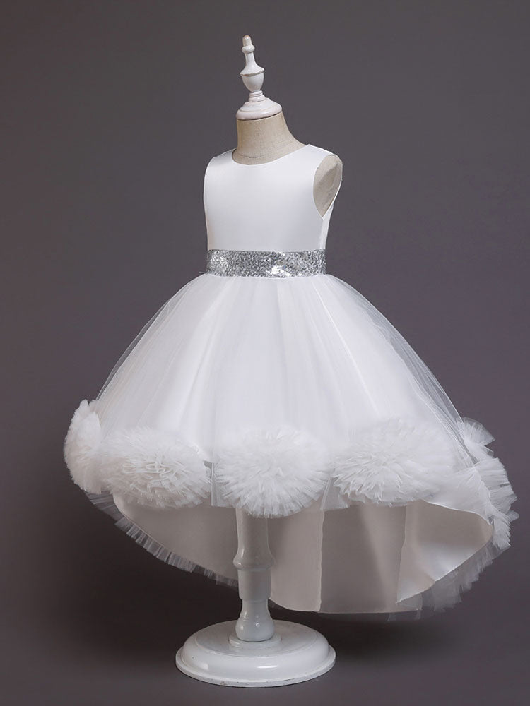 Green Jewel Neck Sleeveless Bows Tulle Cotton Sequined Kids Party Dresses-Ballbella