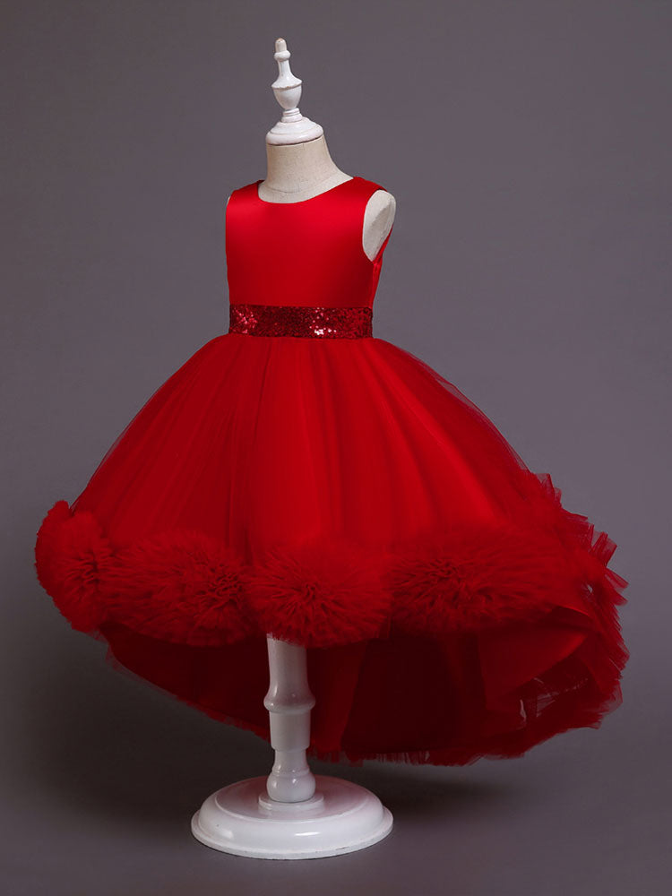 Green Jewel Neck Sleeveless Bows Tulle Cotton Sequined Kids Party Dresses-Ballbella