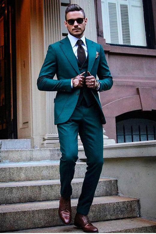 Green Notched Lapel Three Pieces Slim Fit Men Suits-Ballbella