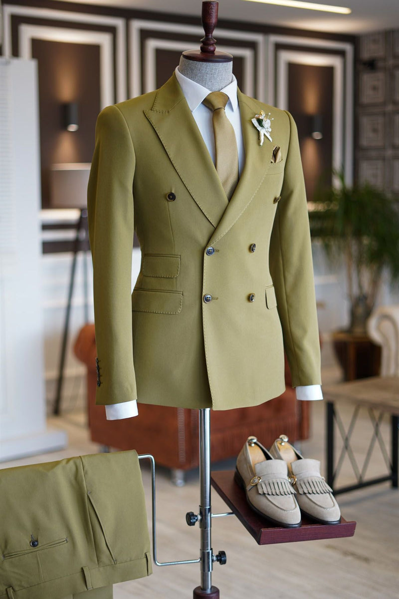 Green Peaked Lapel Double Breasted Men's Prom Suits-Ballbella
