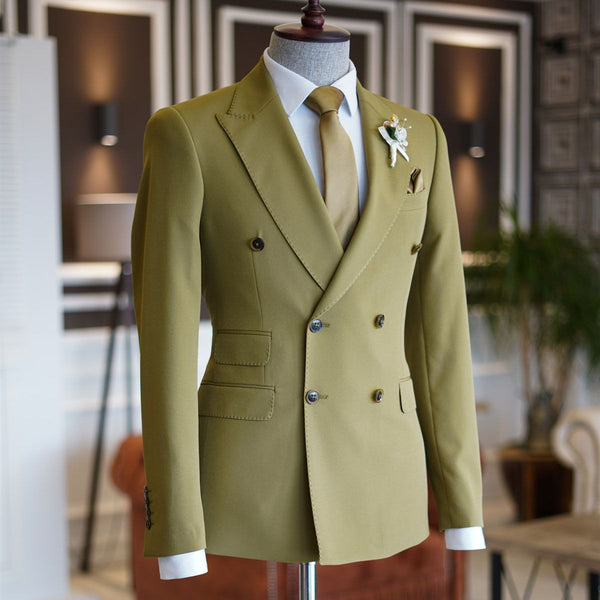 Green Peaked Lapel Double Breasted Men's Prom Suits-Ballbella