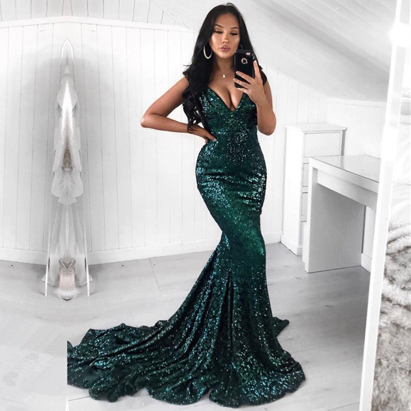 Find the Green Sequins Prom Party Gowns| Mermaid Evening Party Dress with lowest price and top quality at Ballbella,  free shipping & free customizing,  check out today.