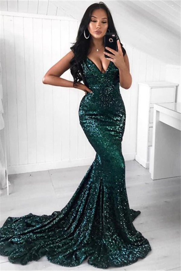 Green Sequins Prom Party Gowns| Mermaid Evening Party Dress-Ballbella