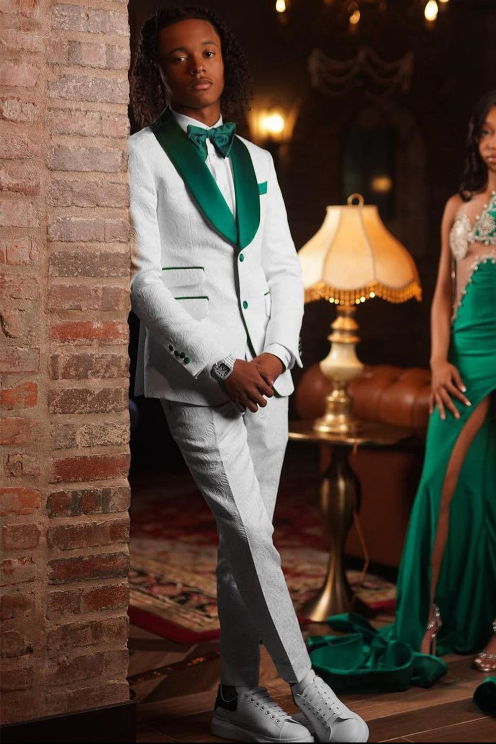 Green Shawl Lapel White Jacquard Prom Suit Green Shawl Lapel White Jacquard Prom Suit