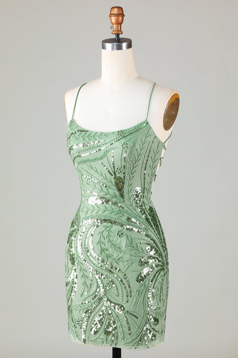 Green Sparkly Sheath Spaghetti Strap Homecoming Dress with Criss Cross Back-Ballbella