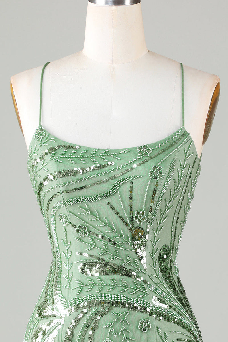Green Sparkly Sheath Spaghetti Strap Homecoming Dress with Criss Cross Back-Ballbella