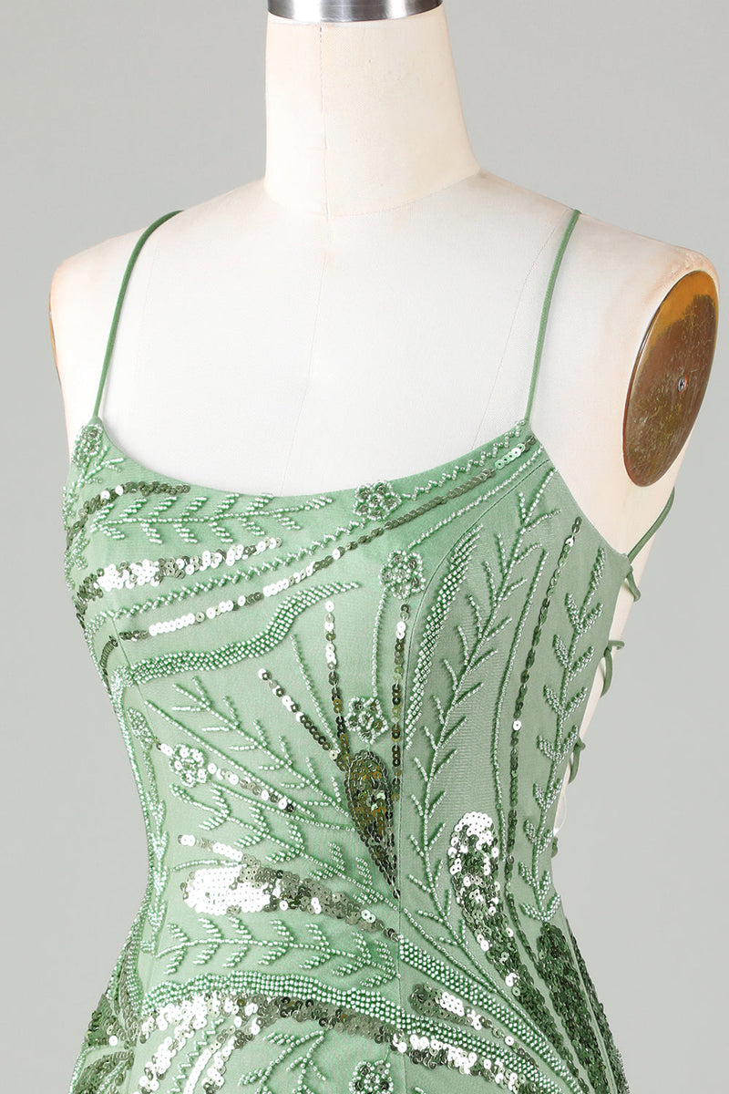 Green Sparkly Sheath Spaghetti Strap Homecoming Dress with Criss Cross Back-Ballbella
