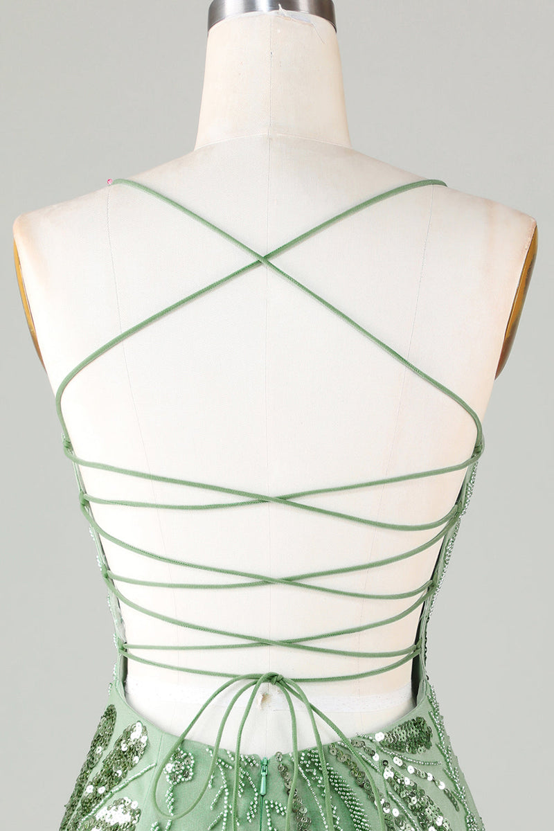Green Sparkly Sheath Spaghetti Strap Homecoming Dress with Criss Cross Back-Ballbella