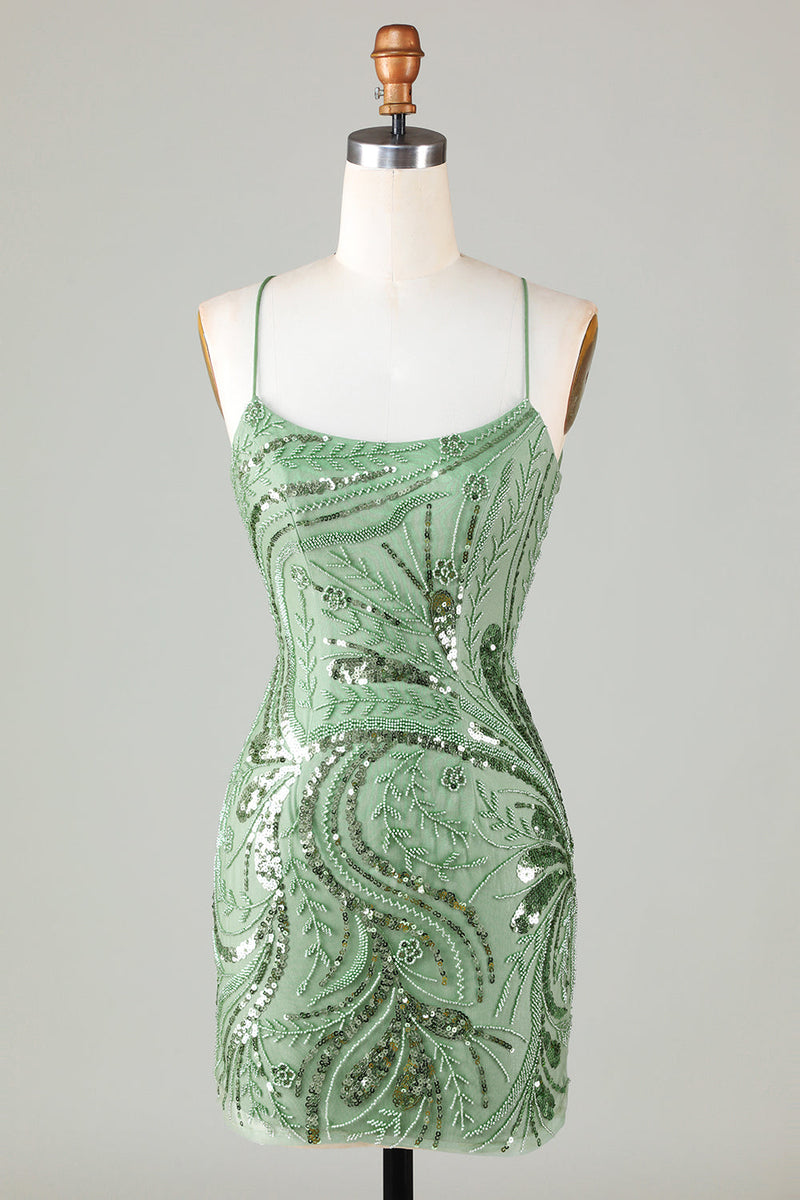 Green Sparkly Sheath Spaghetti Strap Homecoming Dress with Criss Cross Ballbella Green Sparkly Sheath Spaghetti Strap Homecoming Dress with Criss Cross Ballbella