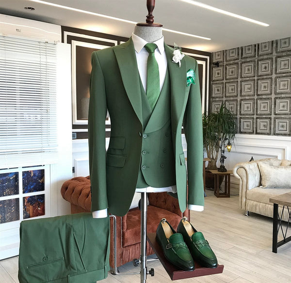 Green Three Piece Slim Fit Peaked Lapel Men's Suits-Ballbella