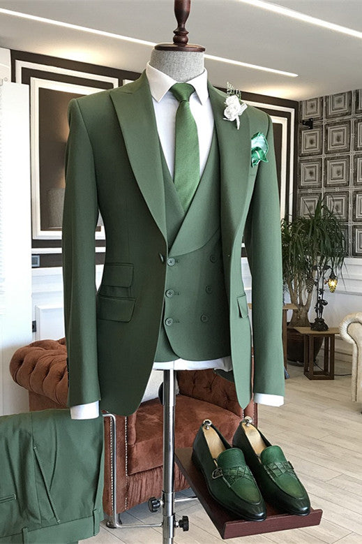Green Three Piece Slim Fit Peaked Lapel Men's Suits