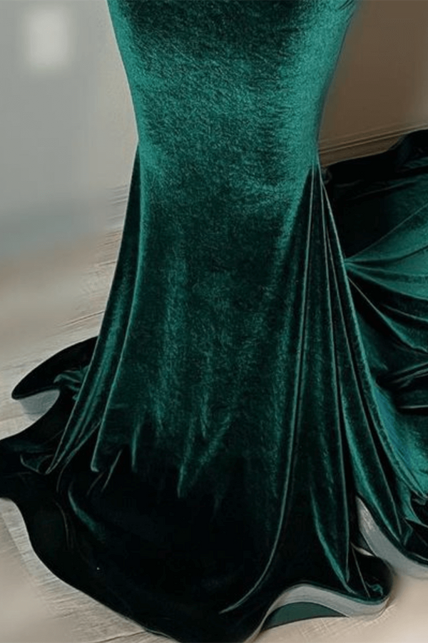 Green Velvet Mermaid Beadings Sheer Tulle Sexy Prom Dress-Ballbella