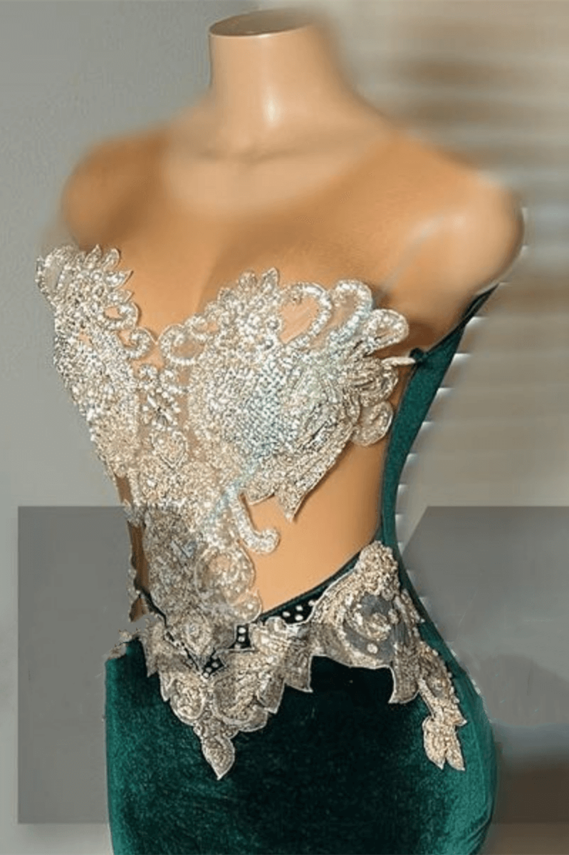 Green Velvet Mermaid Beadings Sheer Tulle Sexy Prom Dress-Ballbella