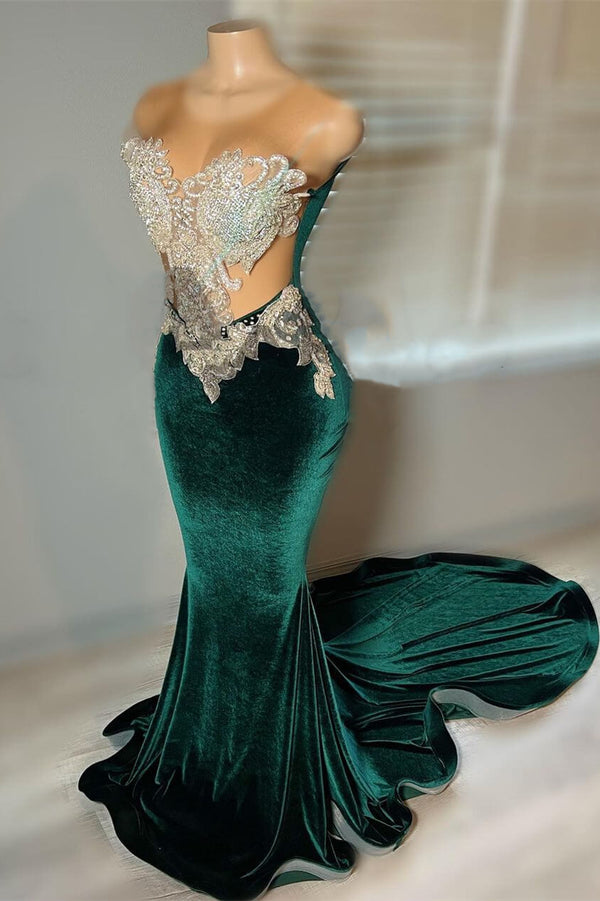 Green Velvet Mermaid Beadings Sheer Tulle Sexy Prom Dress-Ballbella