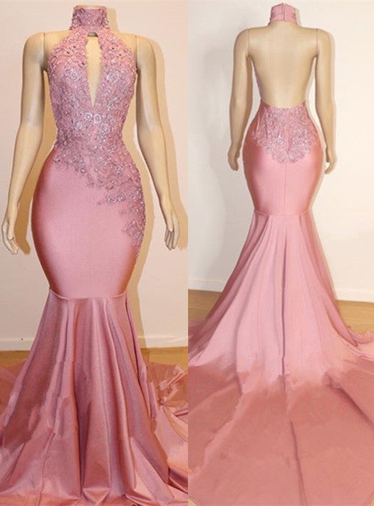 Ballbella offers Halter Backless Mermaid Appliques Long Train Prom Dresses at a cheap price from Mermaid Floor-length hem Check our Gorgeous yet affordable real model series,  all in latest design with delicate details.
