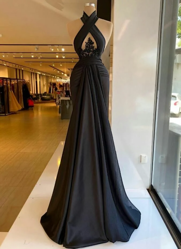 Halter Black Keyhole A-line Satin Floor length Prom Dresses – Ballbella Halter Black Keyhole A-line Satin Floor length Prom Dresses – Ballbella