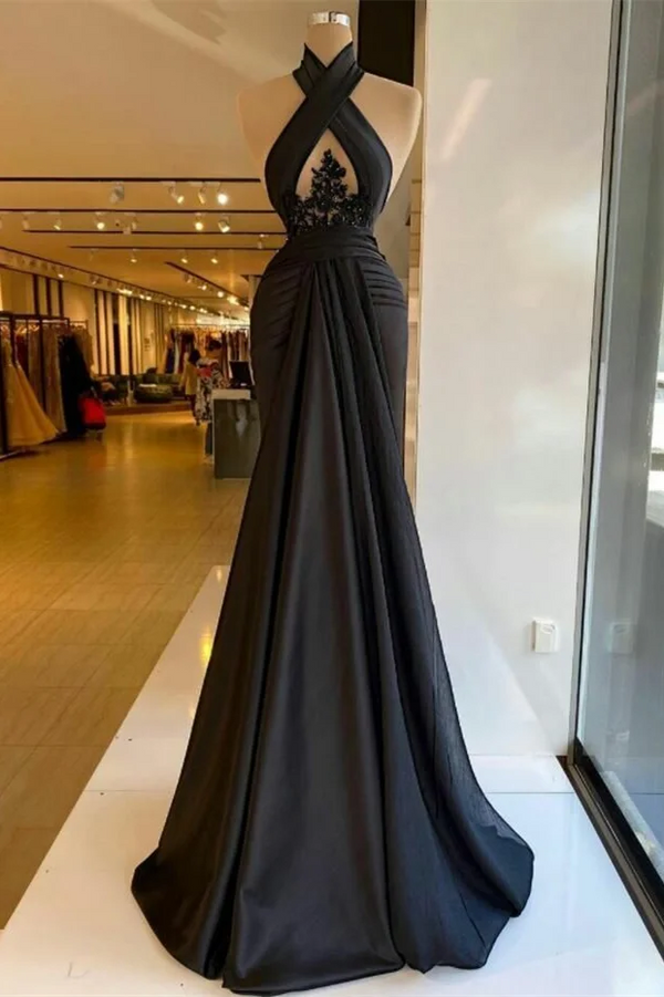 black halter top prom dress Halter Black Keyhole A-line Satin Floor length Prom Dresses – Ballbella