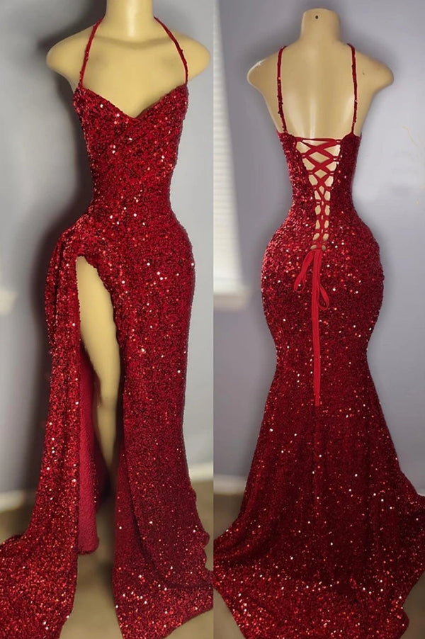 Halter Burgundy High Split Floor Length Prom Dresses-Ballbella